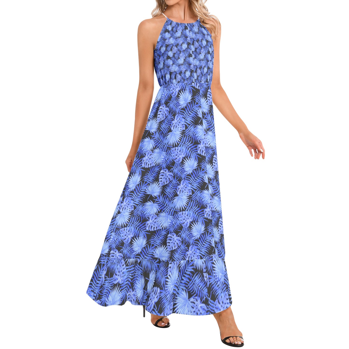 Snooty Fox Art Ruffle Hem Halter Neck Maxi Dress - Blue Palm Leaf Design