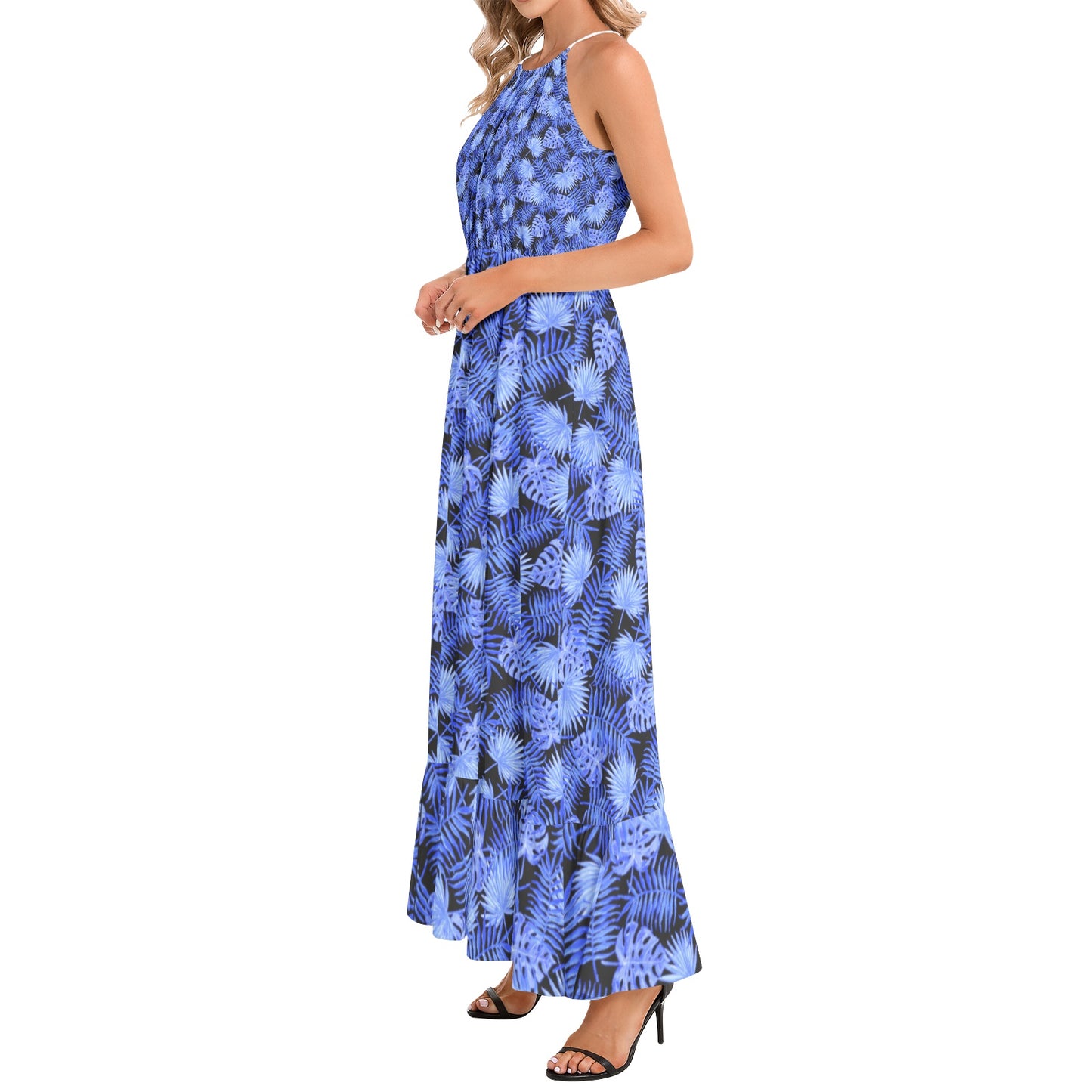 Snooty Fox Art Ruffle Hem Halter Neck Maxi Dress - Blue Palm Leaf Design