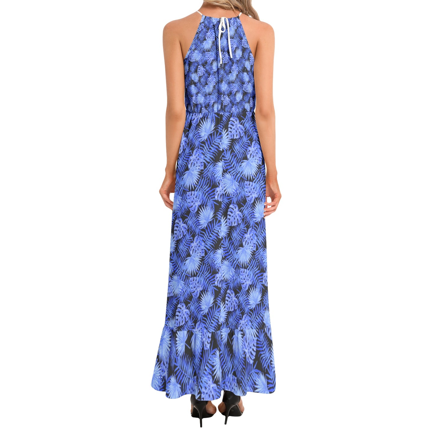 Snooty Fox Art Ruffle Hem Halter Neck Maxi Dress - Blue Palm Leaf Design