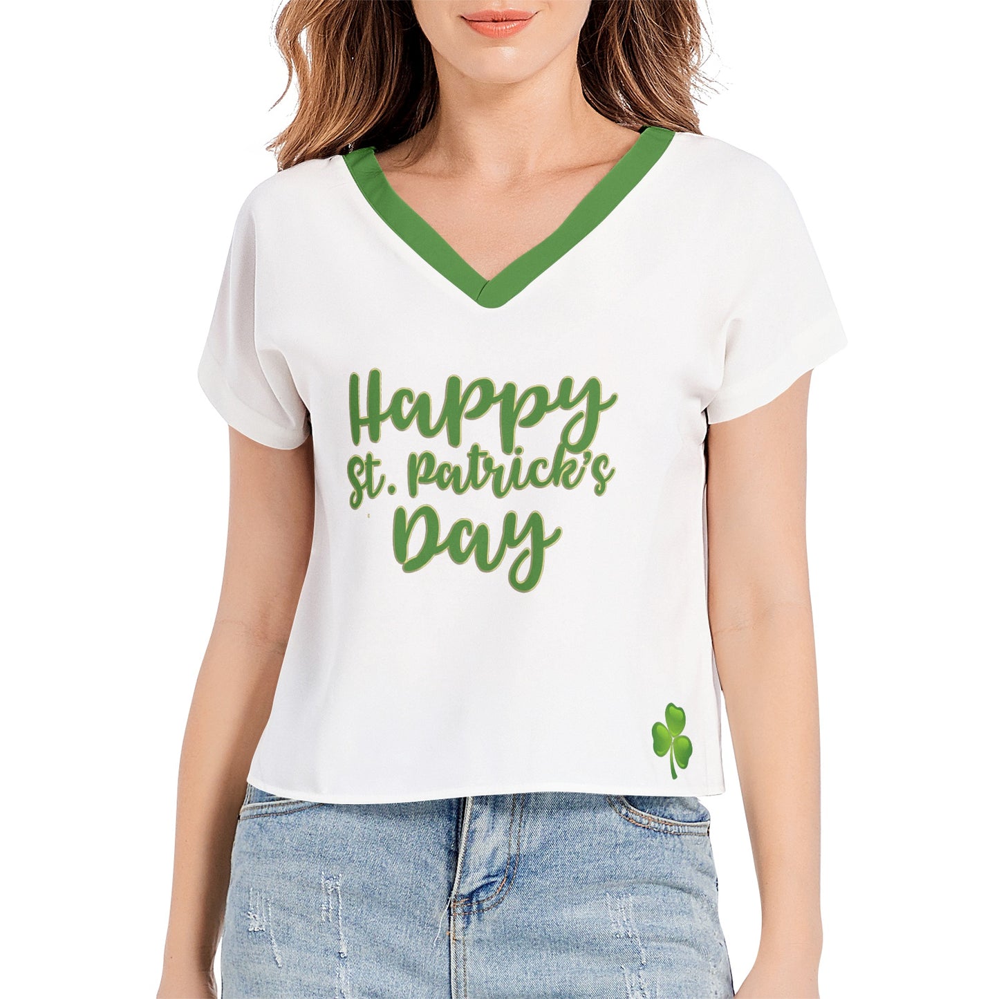 Snooty Fox Art Batwing Sleeve V-Neck Top - Happy Saint Patrick's Day