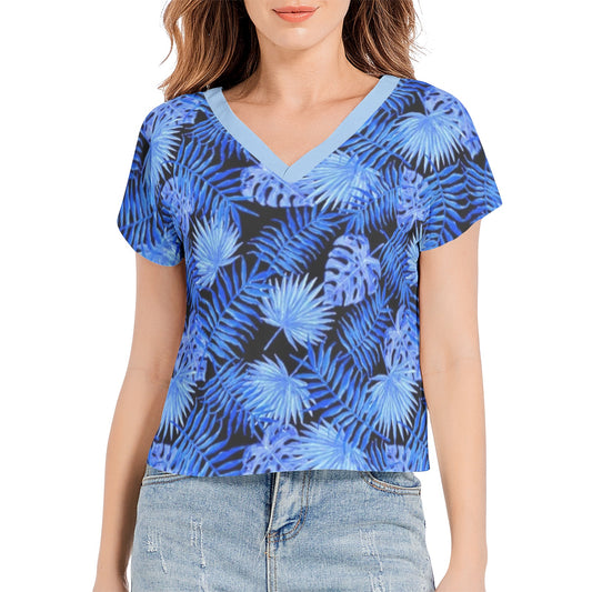 Snooty Fox Art Batwing Sleeve V-Neck Top - Blue Palms