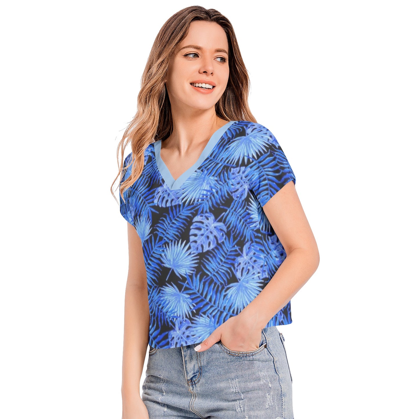 Snooty Fox Art Batwing Sleeve V-Neck Top - Blue Palms