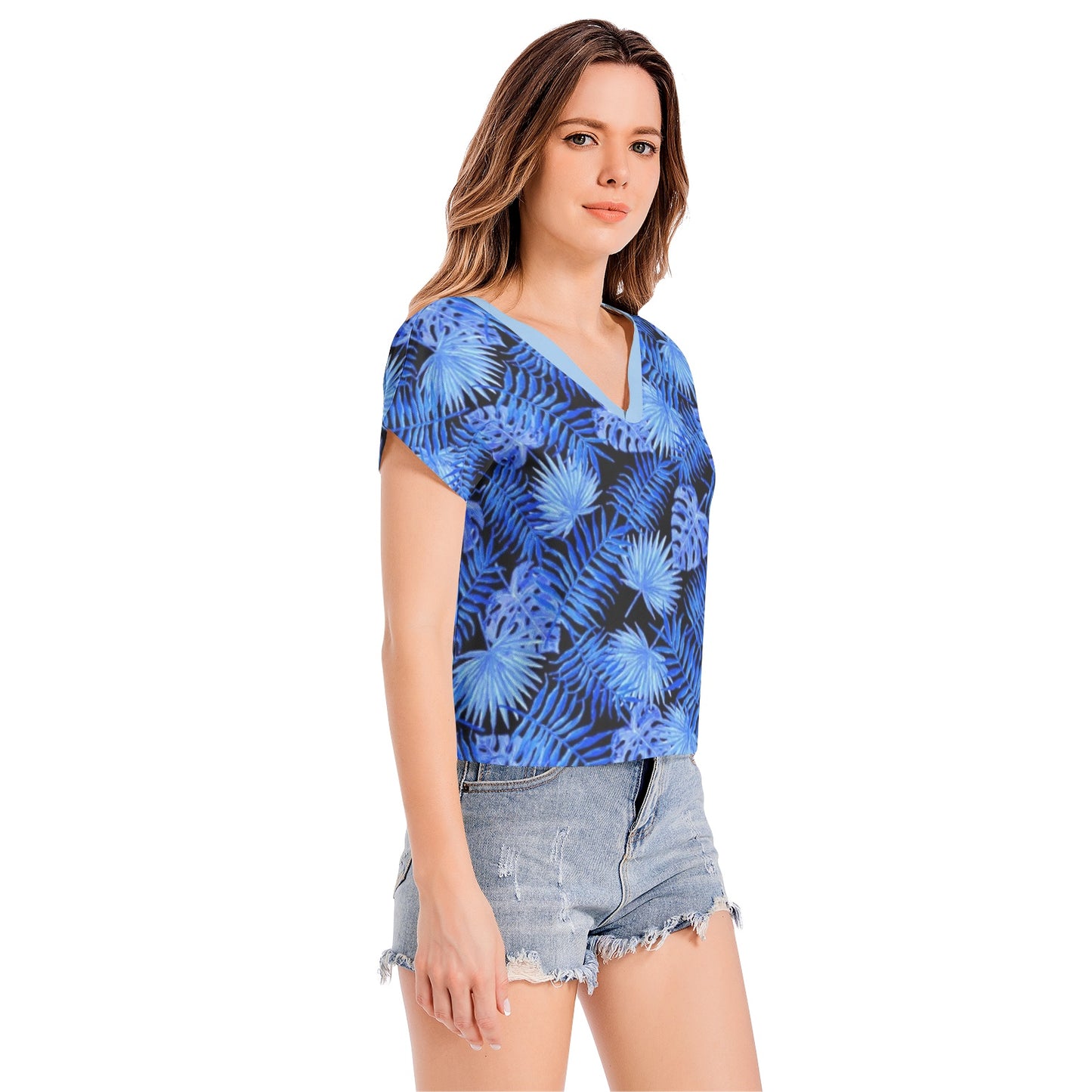 Snooty Fox Art Batwing Sleeve V-Neck Top - Blue Palms