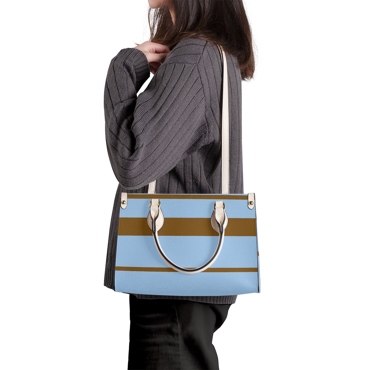 Snooty Fox Art -  SF_B3 Luxury Women PU Tote Bag - White baby blue and brown stripes