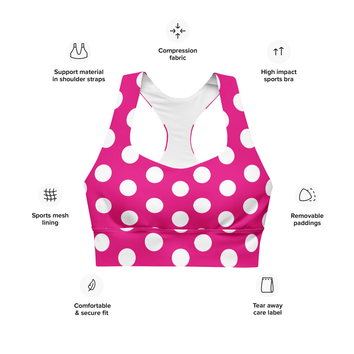 Snooty Fox Art Longline Sports Bra - Summertime Pink with White Polka Dots