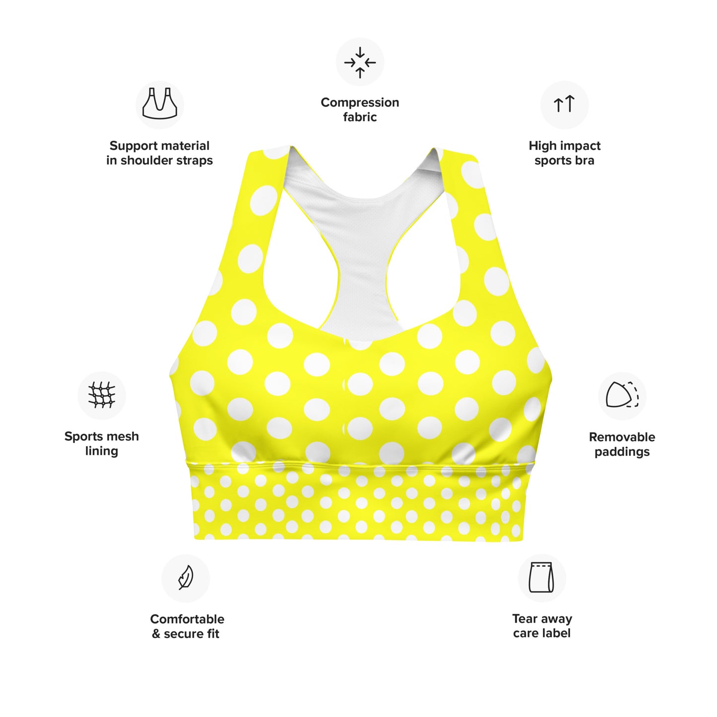 Snooty Fox Art Longline Sports Bra - Yellow Polka Dots