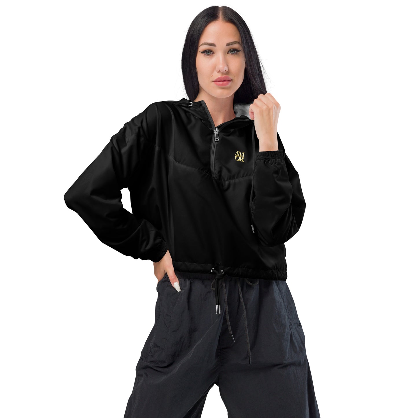 Snooty Fox Art Women's Cropped Windbreaker - Amor - Black on Black