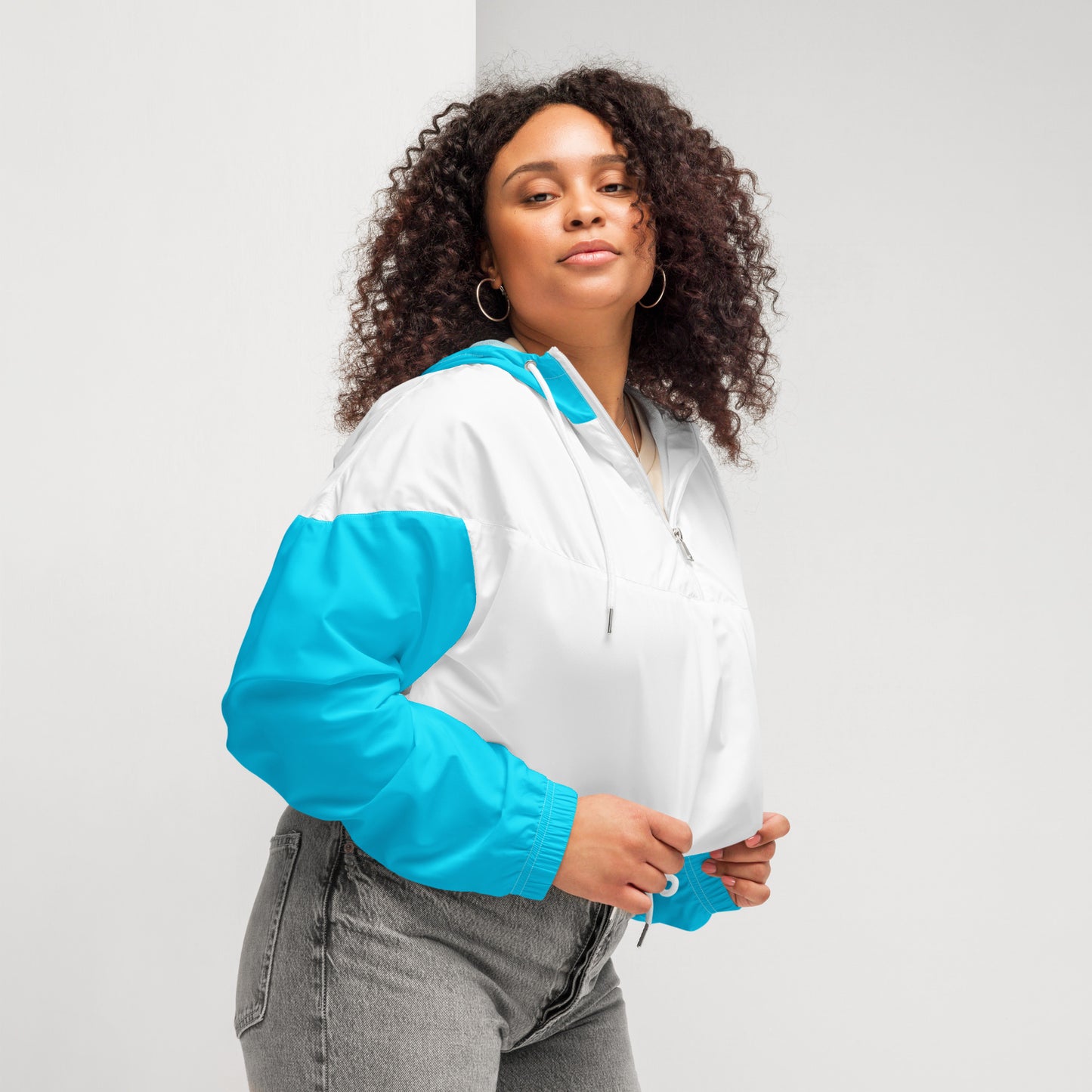 Snooty Fox Art Women’s Cropped Windbreaker - Teal and White