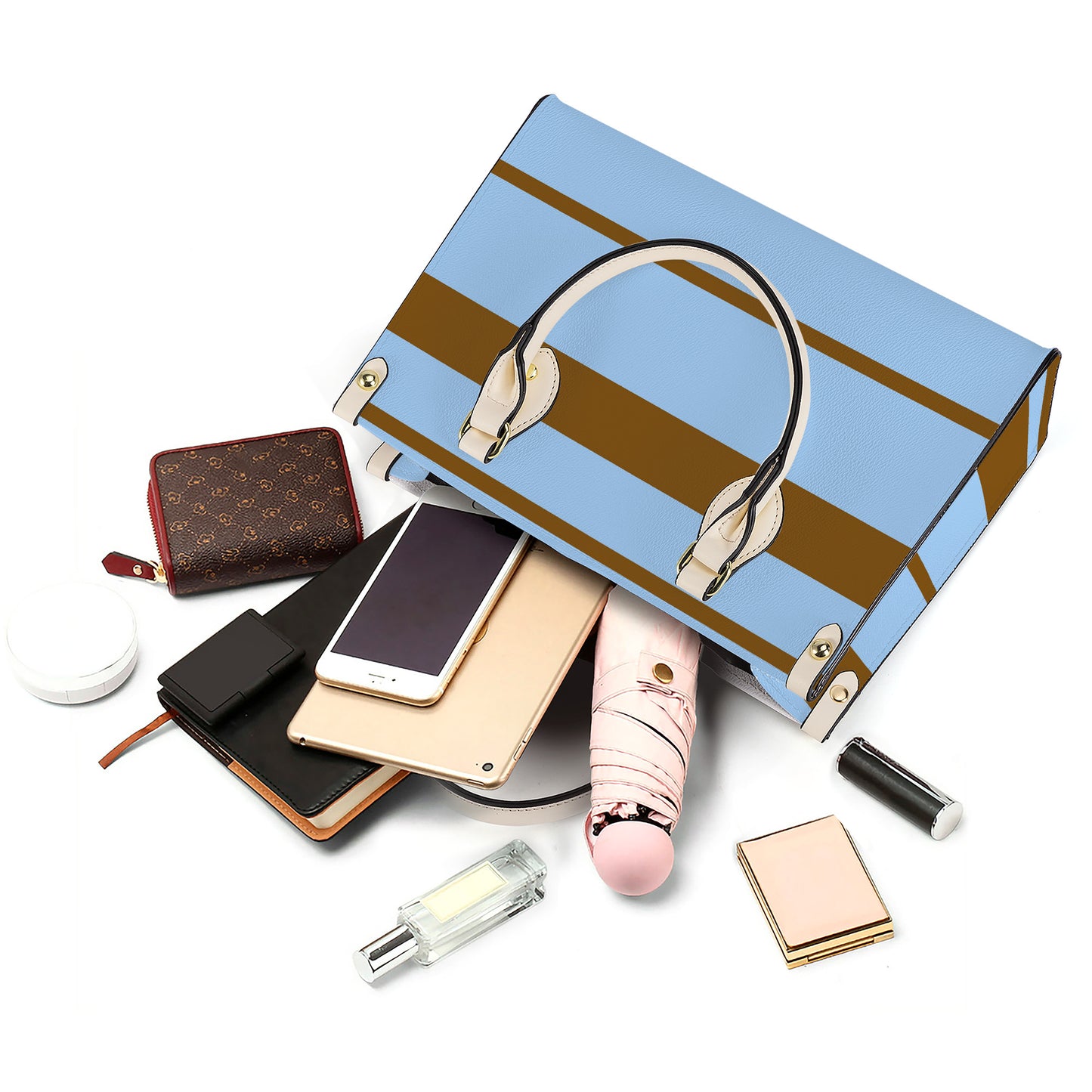 Snooty Fox Art -  SF_B3 Luxury Women PU Tote Bag - White baby blue and brown stripes