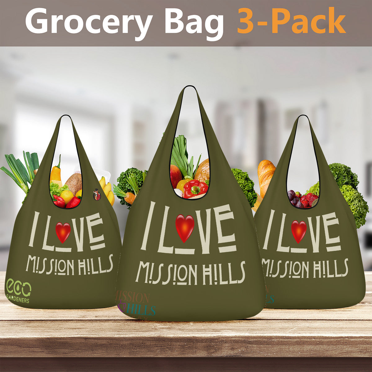 Snoty Fox Art KO 3 Pcs Grocery Bags - I Love Mission Hills