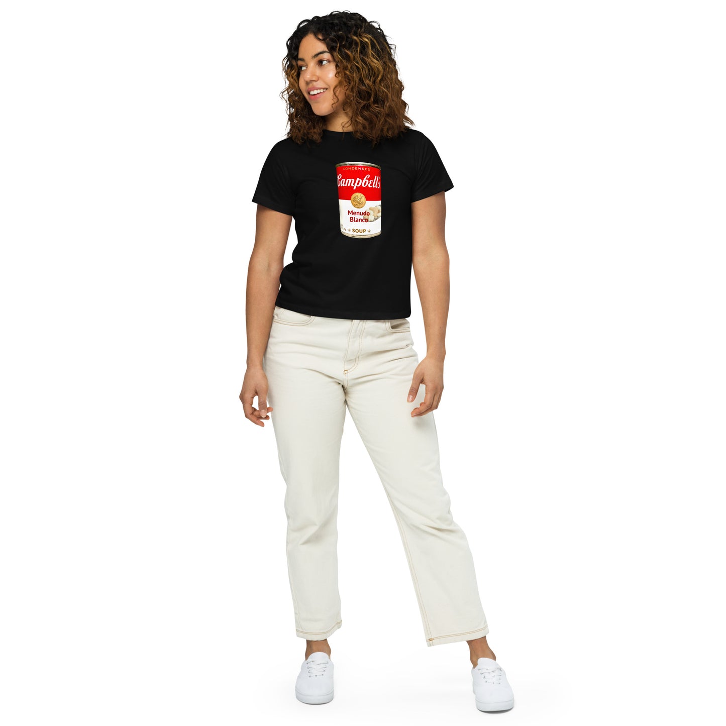 Snooty Fox Art Women’s High-Waisted T-shirt - Campbell's Soup Menudo Blanco