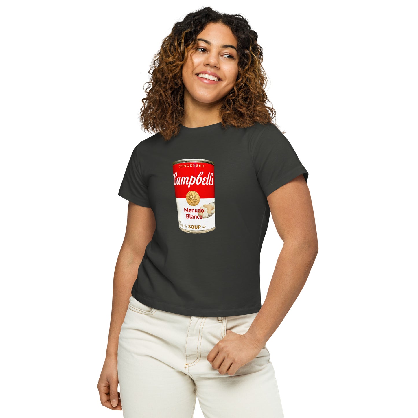 Snooty Fox Art Women’s High-Waisted T-shirt - Campbell's Soup Menudo Blanco